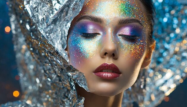 rosto mulher glitter maquiagem colorida cercada por papel alum&iacute;nio, conceito