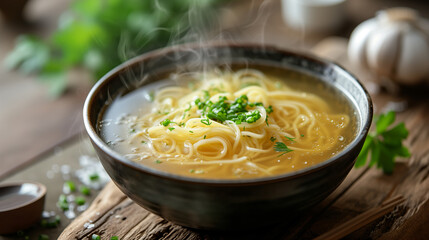 professional food photography chicken broth with noodles , soft pastel, lots of copy space