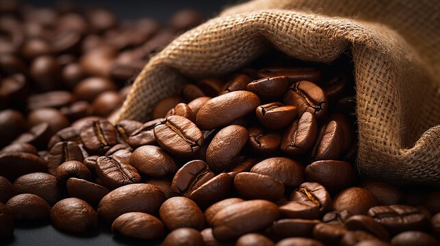 Close-up of coffee beans spilling out of a sack