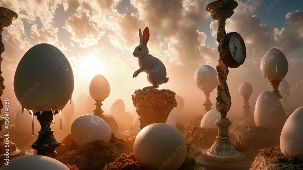Poster in a surreal monochromatic easter background, a rabbit perches atop an egg, blending whimsy with sim