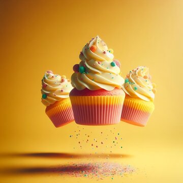 Beautiful levitating cupcakes with cream and sprinkles isolated on a yellow background  created with generative ai