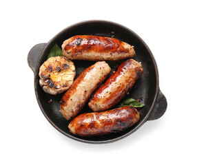 Frying pan with tasty grilled sausages on white background