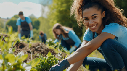 A community cleanup event with volunteers working together to beautify a public space, emphasizing the impact of collective effort