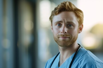 Compassionate Male Nurse with Blue Eyes in Hospital Setting.