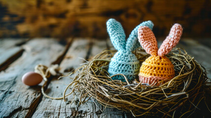Two colorful Easter eggs adorned with bunny hats on top are placed in a straw nest. The concept captures the joy and magic of Easter, conveying the warmth of the holiday moment