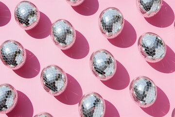 Modern pattern made of metal disco ball eggs on a pastel pink background. Easter party. Minimal christian holiday concept.