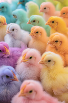 Colored baby chickens in the group. Easter holiday concept. Pastel colors.