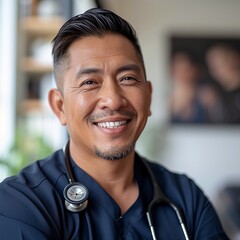Happy Asian Male Nurse in Navy Blue Scrubs with Stethoscope Indoors