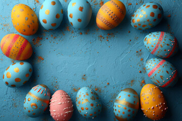 Fototapeta na wymiar Beautiful easter border of pastel colorful eggs decorated with golden paint on blue background 