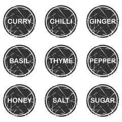 Fototapeta na wymiar Stickers or labels for jars of spices and herbs.Set of 9 vector stickers with names of spices in English.Pepper,paprika,basil,curry,salt,sugar etc.