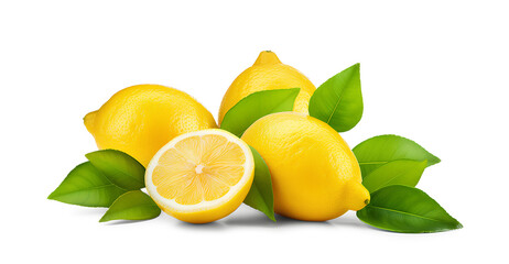 Lemon whole, half, slice, leaves isolated on white background. Lemon fruit with leaf isolate.