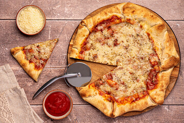 Food photography of cheese pizza; mozzarella; parmesan; cheddar; margarita; tomato; sauce; italian;...