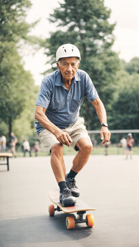 Old man skateboarding in a park on a sunny day. Older skateboarder. Healthy living concept. Skeater.