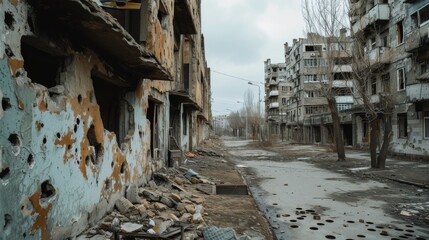 war-torn city, ruins, destroyed buildings, bullet holes in walls, shell holes on the ground