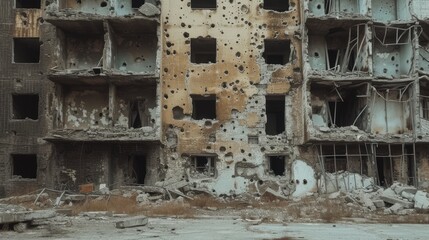 war-torn city, destroyed buildings, bullet holes in walls, shell holes on the ground