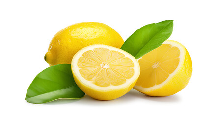 Lemon whole, half, slice, leaves isolated on white background. Lemon fruit with leaf isolate. - obrazy, fototapety, plakaty