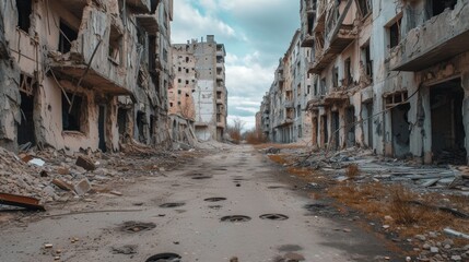 war-torn city, ruins, destroyed buildings, bullet holes in walls, shell holes on the ground