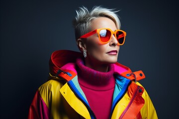 Fashionable blonde woman in bright clothes and sunglasses. Studio shot.