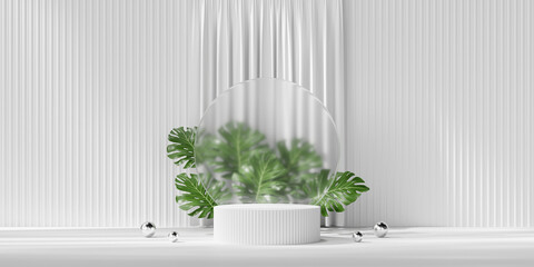 Podium White With Plant For Product Display Showcase Advertising 3D Rendering Without AI Generated