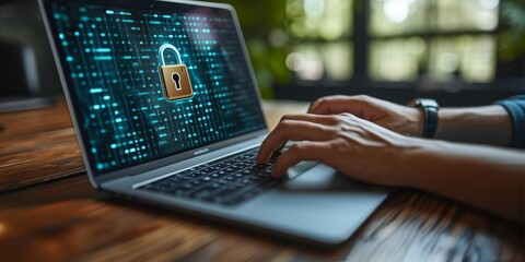 Digital Guardian: A Man Holds a Cybersecurity Lock Symbolizing Data Protection and Information...