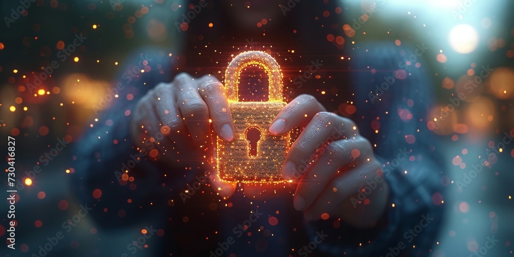 Poster digital guardian: a man holds a cybersecurity lock symbolizing data protection and information safet