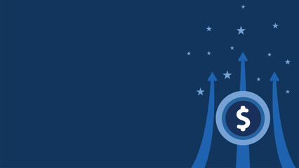 Fototapeta premium Financial growth concept vector banner design with rising arrow and dollar sign coin icon on a dark blue background. Grow finance modern minimal poster.