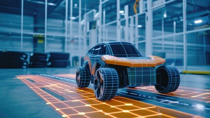 robotic car deploying its sensor array to navigate an obstacle course, showcasing agility and advanced robotics in automotive tech