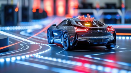 Fototapeta na wymiar robotic car deploying its sensor array to navigate an obstacle course, showcasing agility and advanced robotics in automotive tech