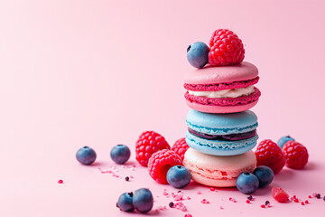 Colorful macarons stacked with raspberries and blueberries on a pastel pink background. French...