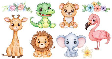 Cute baby animals safari watercolor clipart - obrazy, fototapety, plakaty