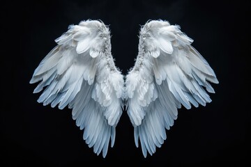 Fototapeta premium Angel wings isolated on the black background, fantasy feather wings for fashion design, cosplay and dress up party
