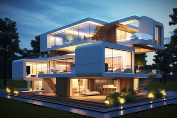 Obraz premium Exquisite Modern sunny house. With green grass. Generate Ai