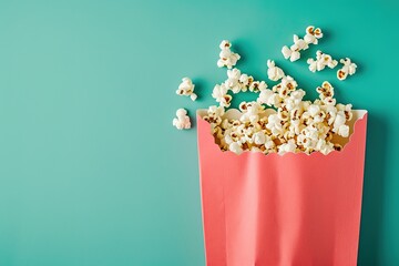 A Pink And White Striped Popcorn Bucket Filled With Popcorn And Daisies On A Blue Background
