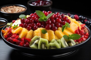 Yummy fruit party! Top view of a colorful fruit salad on a gray plate. Fresh and ripe - tropical delight. Exotic fruits like a photo on a tree 