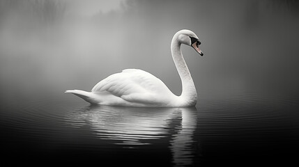 Majestic Swan Gliding on a Misty Monochrome Lake