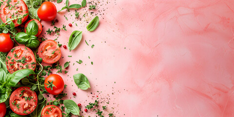 Tomato salad with fresh basil and spices on pink background. Mediterranean cuisine and healthy diet concept. Design for food blog, nutrition advice, and cooking website with copy space. Flat lay