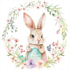 A watercolor painting of a bunny holding an easter egg