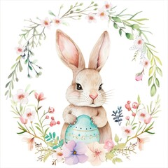 Obraz premium A watercolor painting of a bunny holding an easter egg
