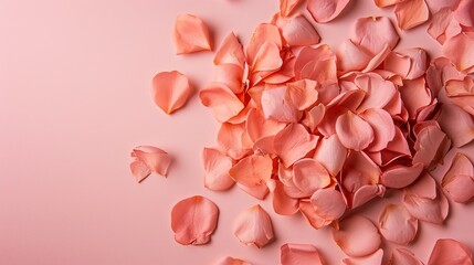 A gathering of lively pink flower petals set against a delicate pink backdrop, resembling a beautiful artwork.