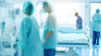 A group of doctors standing around a hospital bed, blurred defocused blue, white and cyan medical background.