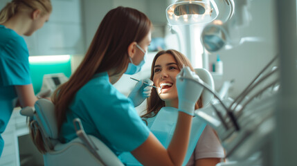 Dentist inspecting woman's mouth in dental chair for medical procedure. - obrazy, fototapety, plakaty