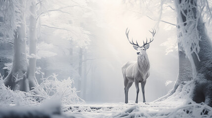 Majestic Stag in Snowy Forest with Ethereal Light - obrazy, fototapety, plakaty
