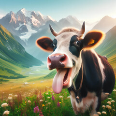 Laughing cow, with mouth open and tongue sticking out, in the mountains on green fresh meadow - obrazy, fototapety, plakaty