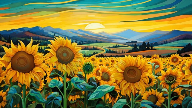 Sunflower field with vibrant colors. Illustration of a field of colorful sunflowers.