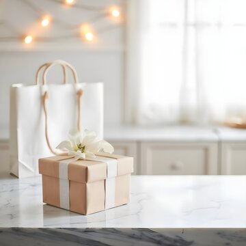 staged photography of a large empty white marble counter in wide focus in the middle of the image with a close up on white gift bag with a white flower resting on far right side of the image in the sh