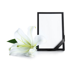 Blank photo frame with lily flower on white background
