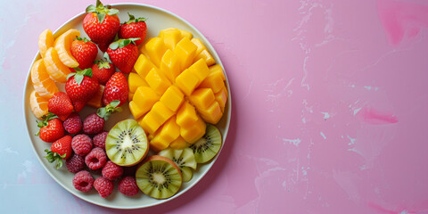 Assorted fresh fruits on a white plate with strawberries, sliced mango, kiwi, and raspberries on a textured pink background. Flat lay composition with copy space