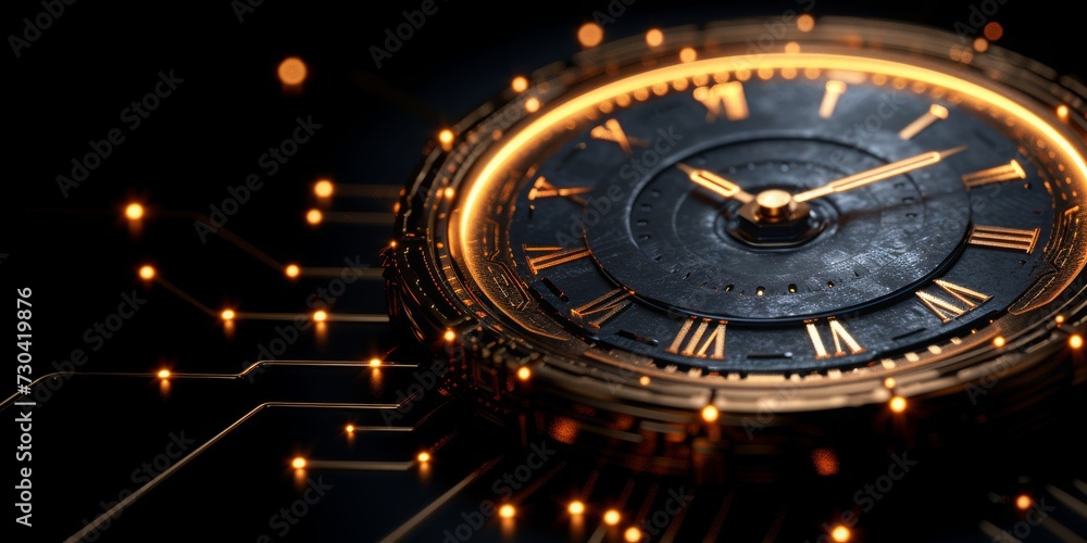 Poster Chronometric Precision: A Futuristic Digital Clock Integrated with Glowing Neon Circuitry, Symbolizing the Intersection of Time and Technology, Generative AI