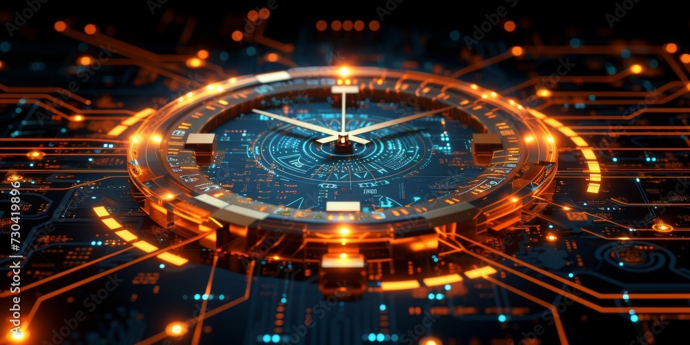 Poster Chronometric Precision: A Futuristic Digital Clock Integrated with Glowing Neon Circuitry, Symbolizing the Intersection of Time and Technology, Generative AI