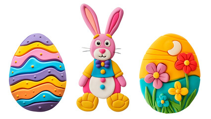 Easter set made of plasticine. Crafts and applications from plasticine for Easter. Easter bunny and eggs handmade. Isolated on a transparent background.